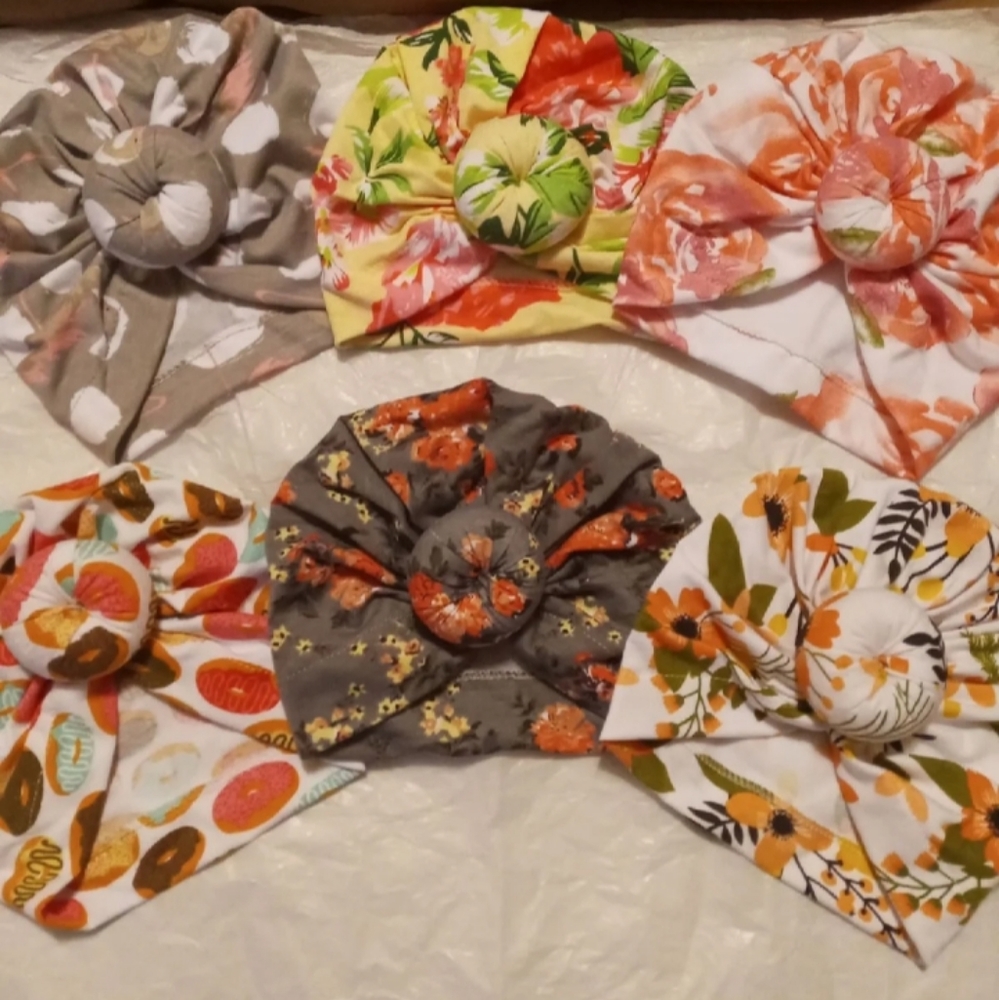 New baby turbans -floral, donut and flamingo
